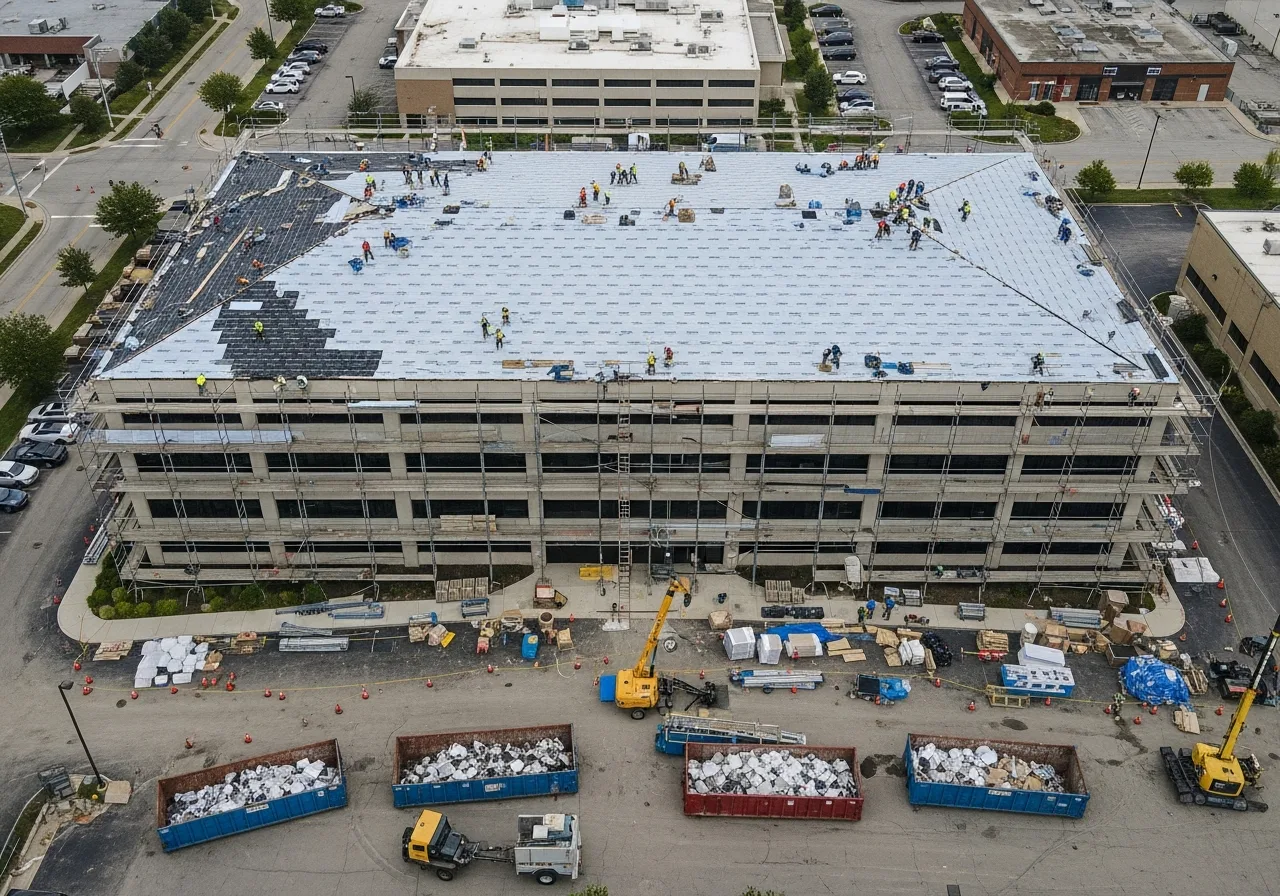Aerial view of a large commercial building mid roof replacement with full crew