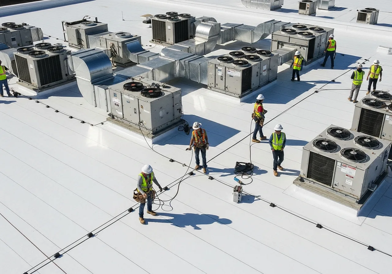 Crew installing white TPO membrane on a commercial flat roof with HVAC units
