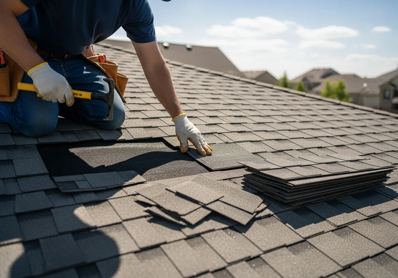 Roofer replacing damaged shingles on a residential roof