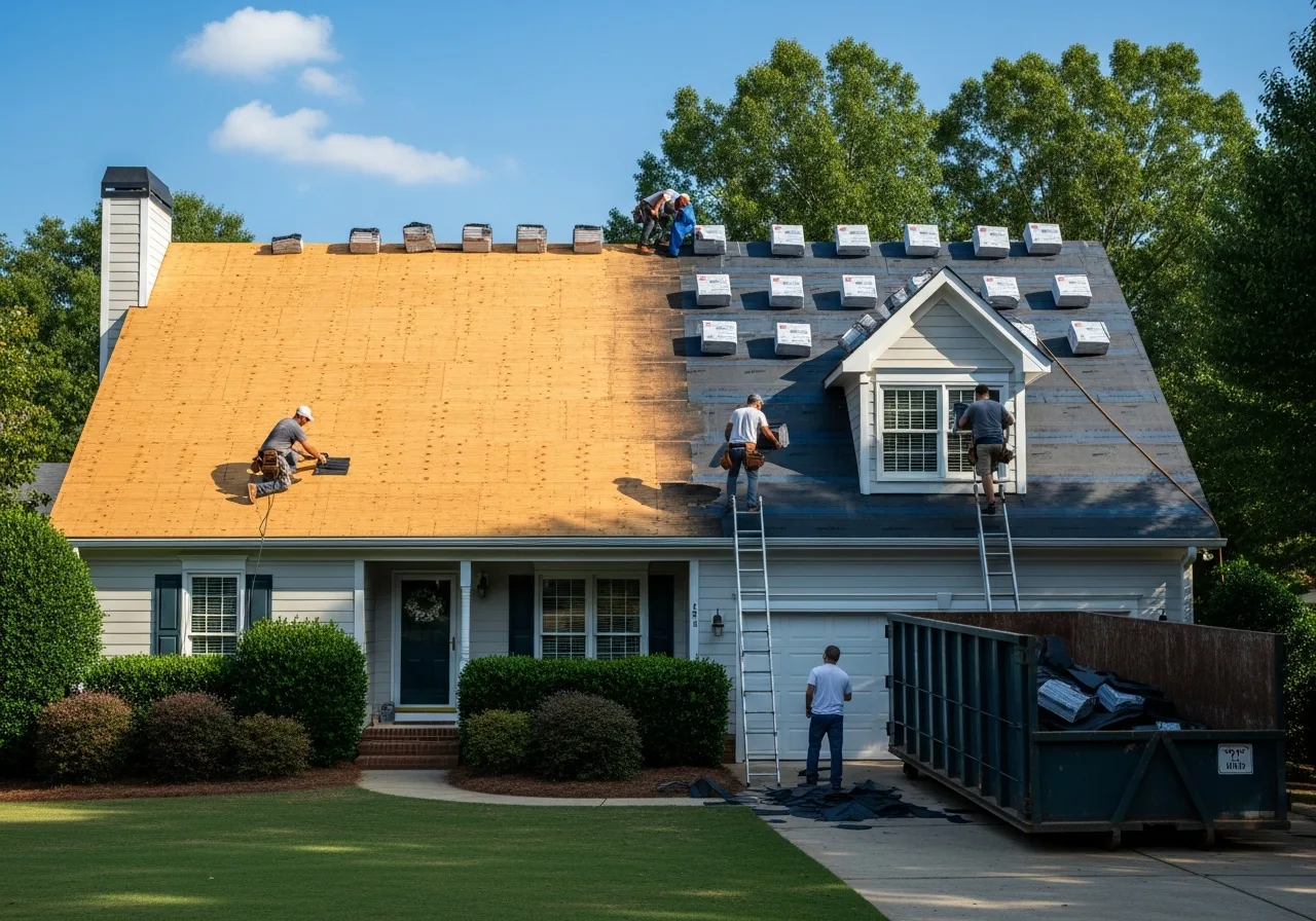 Roof replacement in progress on a Georgia suburban home
